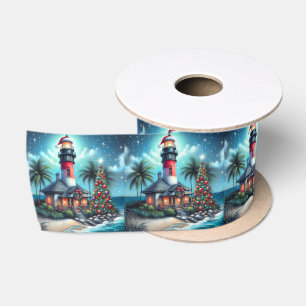 Ruban En Satin Whimsical Tropical Christmas Lighthouse Turquoise 