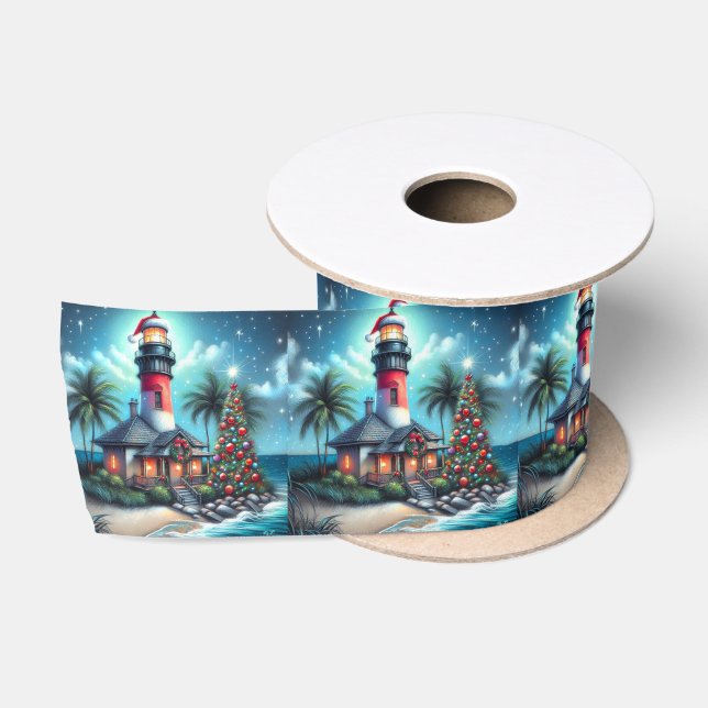 Ruban En Satin Whimsical Tropical Christmas Lighthouse Turquoise  (Bobine)