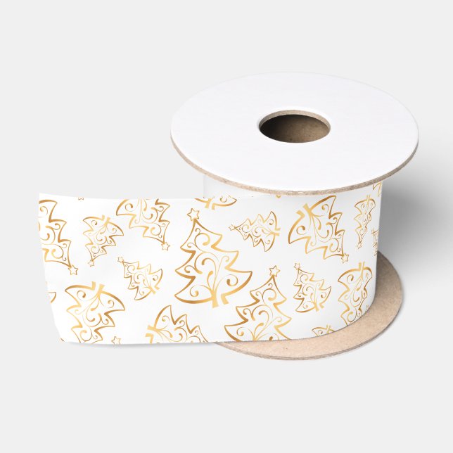 Ruban En Satin White and Gold Elegant Christmas Trees (Bobine)