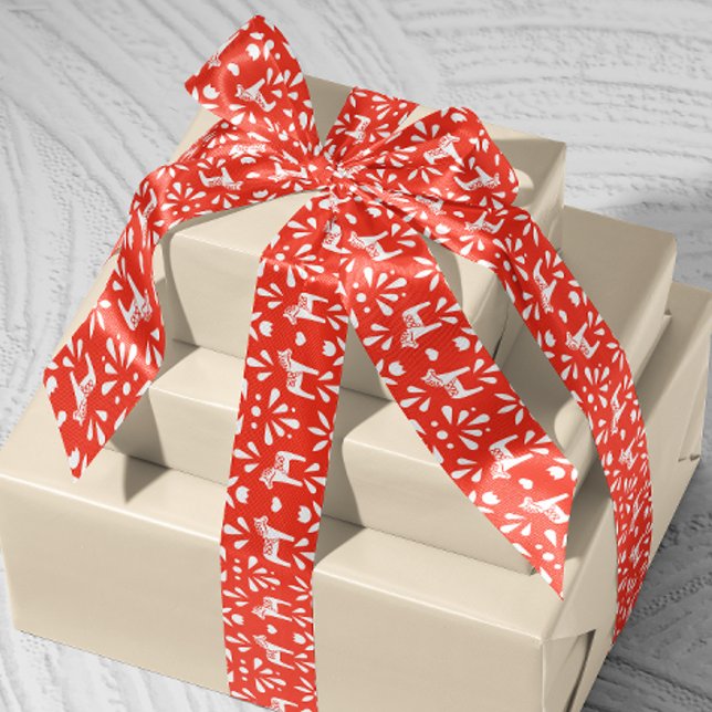 Ruban En Satin White Swedish Dala Horse Red Holiday Ribbon cadeau (Scandinavian Swedish red and white Dala horse patterned ribbon)
