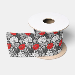 Ruban En Satin William Morris Chrysanthèmes, gris et rouge