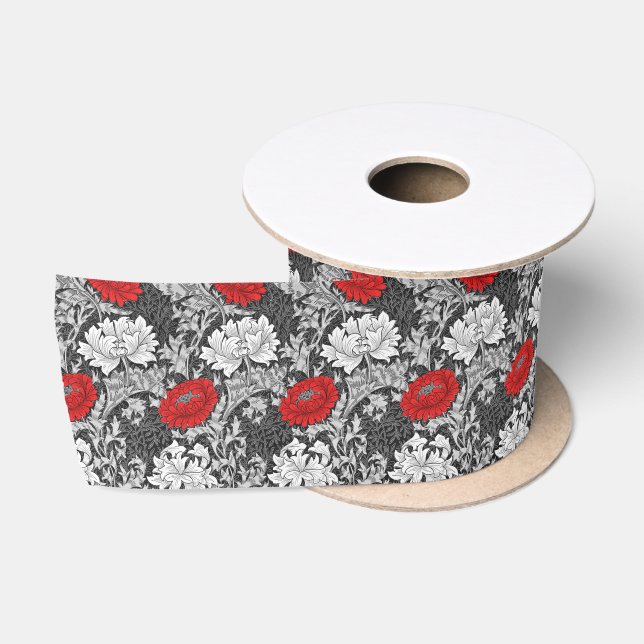 Ruban En Satin William Morris Chrysanthèmes, gris et rouge (Bobine)