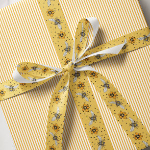 Ruban Gros-grain Abeilles et fleurs de miel floral jaune élégant