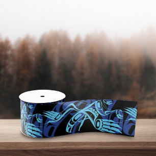 Ruban Gros-grain Aigle Haida bleu noir Oiseau Tonnerre Art autochto