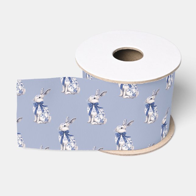 Ruban Gros-grain Aquarelle Bleu et blanc Chinoiserie Lapin Rabbit (Bobine)