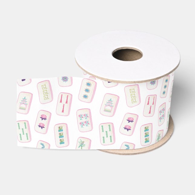Ruban Gros-grain Aquarelle Carreaux de Mahjong rose et vert (Bobine)