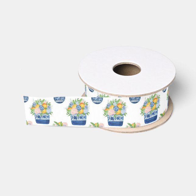 Ruban Gros-grain Aquarelle Chinoiserie Mandarins & Hydrangeas (Bobine)
