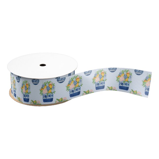 Ruban Gros-grain Aquarelle Chinoiserie Mandarins & Hydrangeas (Bobine)