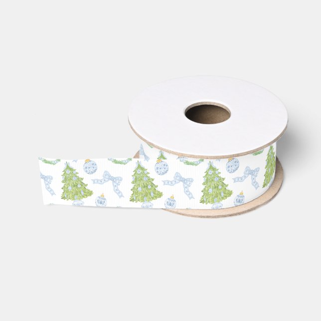 Ruban Gros-grain Aquarelle Noël Bleu Bow Ginger Jar Trees (Bobine)