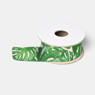 Ruban Gros-grain Aquarelle verte Monstère tropicale Motif sur rose