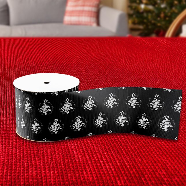 Ruban Gros-grain Arbre de Noël Silhouette moderne Vacances Noir (Christmas Tree Silhouette Modern Holiday Black Grosgrain Ribbon)