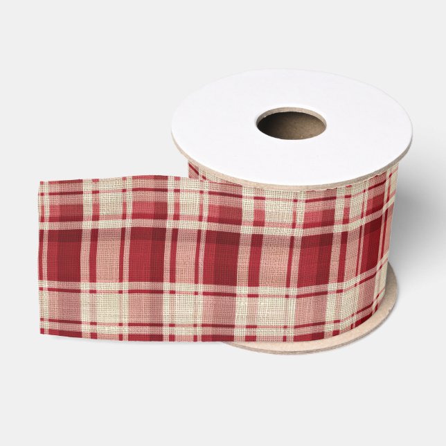 Ruban Gros-grain Bandes Plaid Crème Rouge (Bobine)