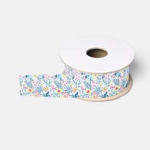 Ruban Gros-grain Bleu Whimsical Fleurs sauvages tropicaux d'été