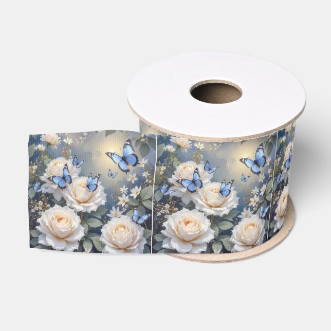 Ruban Gros-grain Blue Butterflies in a White Rose Garden (Bobine)