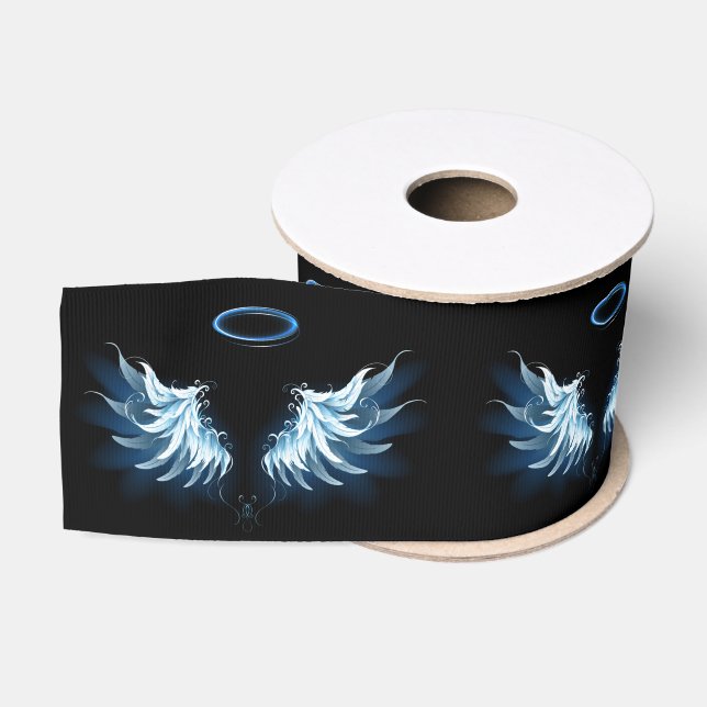 Ruban Gros-grain Blue Glowing Angel Wings on black background (Bobine)