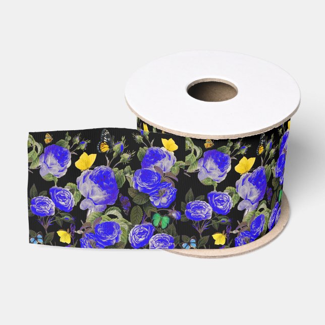 Ruban Gros-grain BLUE ROSES AND YELLOW BUTTERFLIES Black (Bobine)