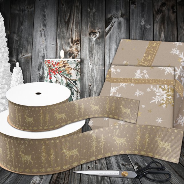 Ruban Gros-grain Bois d'or de Kraft Rustique Arbres de stade (Rustic Kraft Gold Woodland Trees Stag Reindeer Ribbon in Grosgrain & Satin 1.5 & 3 Inch Widths)