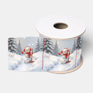 Ruban Gros-grain Bonhommes de neige de Noël avec des pelles rouges