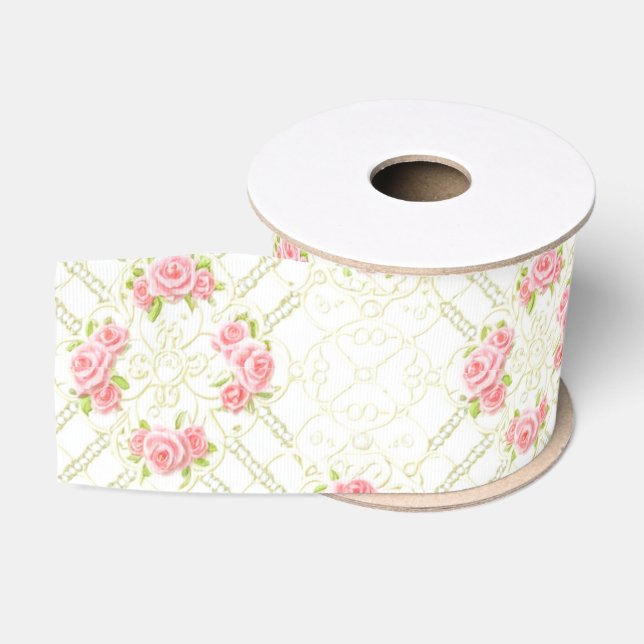Ruban Gros-grain Broderie d'Or Délicate et Roses Roses Florales (Bobine)