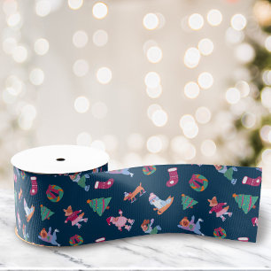 Ruban Gros-grain Chiens de fête Patinage sur glace Motif bleu foncé