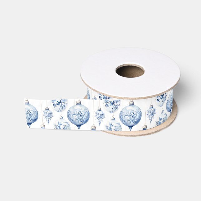 Ruban Gros-grain Chinoiserie Bleu & Blanc Ornements de Noël (Bobine)