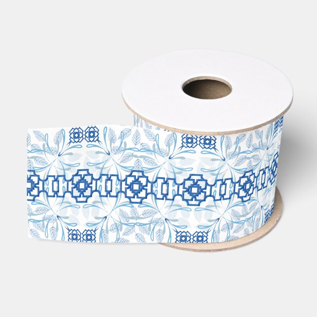 Ruban Gros-grain Chinoiserie florale géométrique bleue et blanche (Bobine)