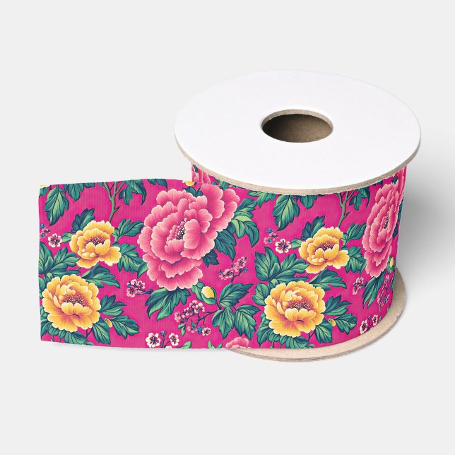 Ruban Gros-grain Chinoiserie rose et jaune brillant Floral (Bobine)