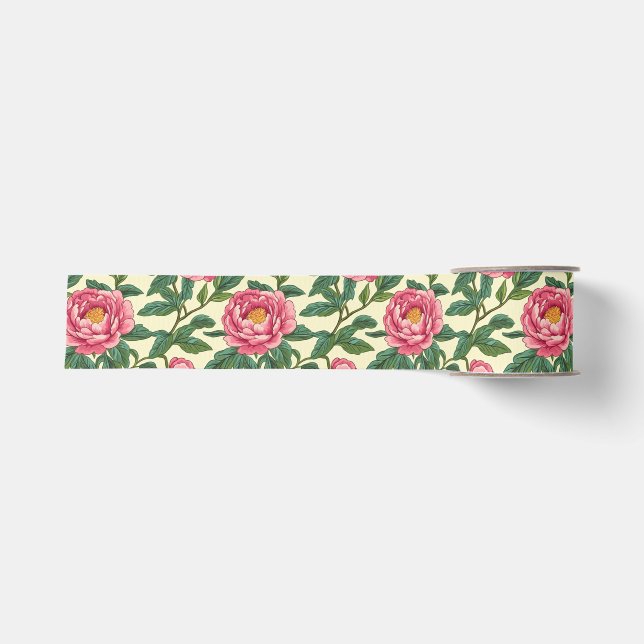 Ruban Gros-grain Chinoiserie rose, verte et jaune Florale (Devant)