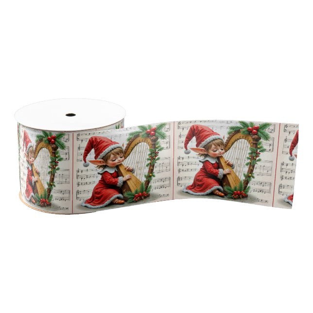 Ruban Gros-grain Christmas Elf Playing a Harp (Bobine)