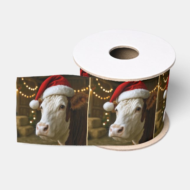 Ruban Gros-grain Christmas Hereford Cow Wearing a Santa Hat (Bobine)