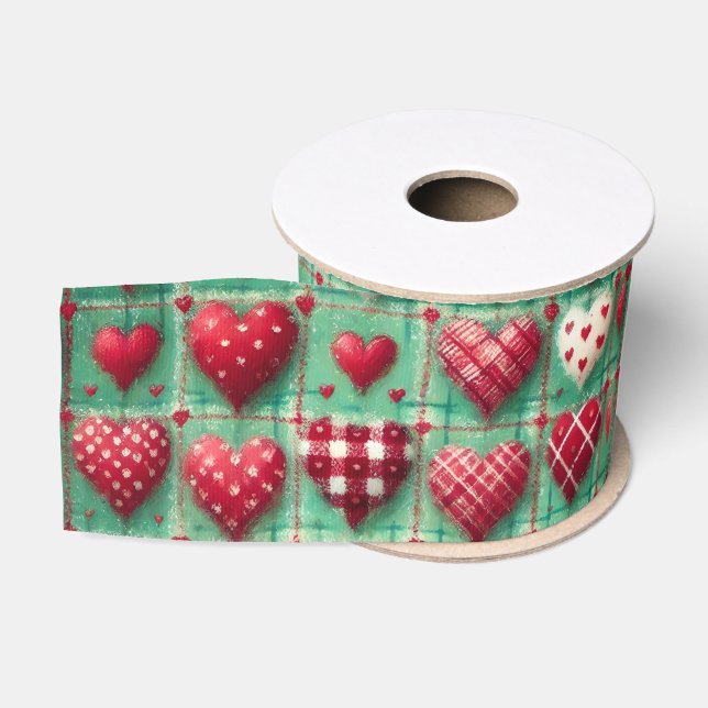 Ruban Gros-grain Christmas Quilted Hearts Green Red White  (Bobine)