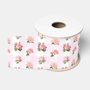 Ruban Gros-grain Coquette Rose clair En vichy et Roses