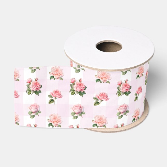 Ruban Gros-grain Coquette Rose clair En vichy et Roses (Bobine)
