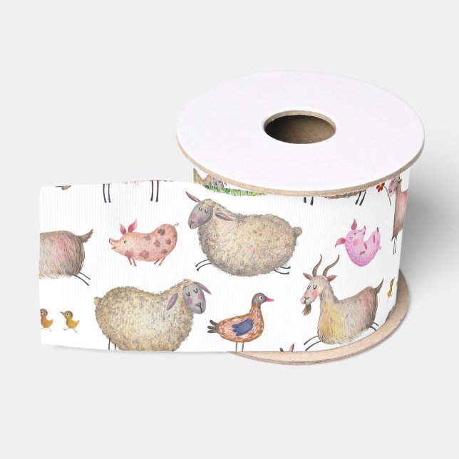 Ruban Gros-grain Cute Aquarelle ferme Grange Animaux Motif (Bobine)