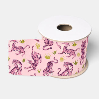Ruban Gros-grain Cute Pink Tigers Tropical Leaves Abstract Animal