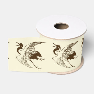 Ruban Gros-grain Dessin japonais vintage d'une grue, brun
