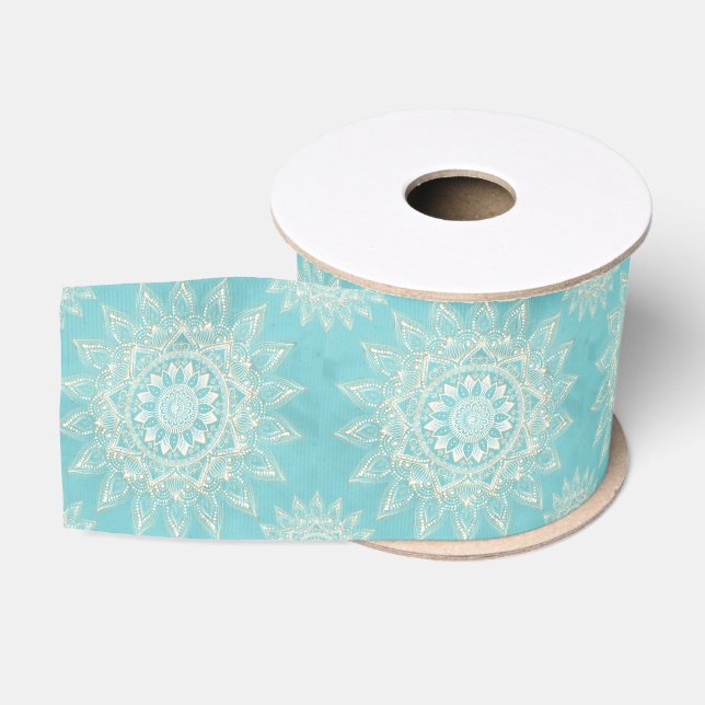 Ruban Gros-grain Elégant Blanc Gold Mandala Sky Blue Design (Bobine)