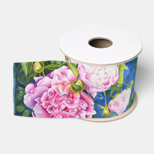 Ruban Gros-grain Elégant rose blanc classique aquarelle floral
