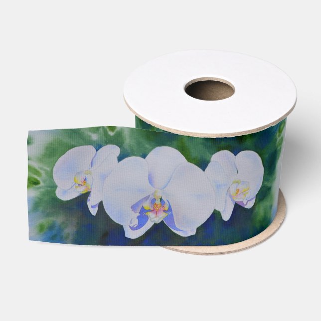 Ruban Gros-grain Elégante aquarelle blanche orchidées boho tropical (Bobine)