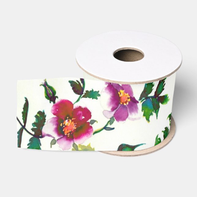 Ruban Gros-grain Elégante aquarelle moderne fleur sauvage rose fonc (Bobine)