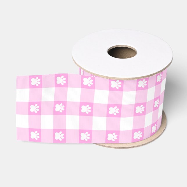 Ruban Gros-grain En vichy rose avec Empreintes de pattes (Bobine)