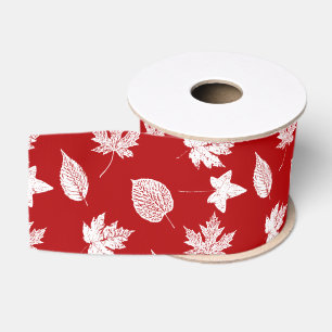 Ruban Gros-grain Feuilles d'automne - blanc et rouge foncé