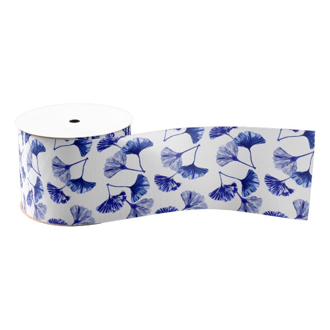 Ruban Gros-grain Feuilles de gingko bleu et blanc (Bobine)