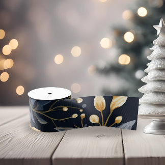 Ruban Gros-grain Feuilles de Noël bleu et or