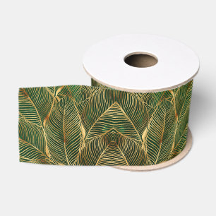 Ruban Gros-grain Feuilles d'or motif élégant vert forêt