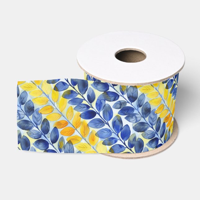 Ruban Gros-grain Feuilles jaune et bleu (Bobine)