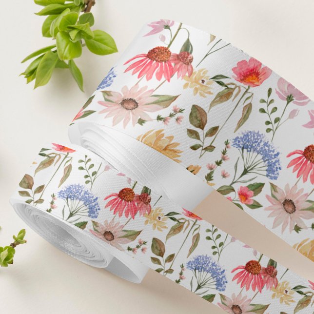 Ruban Gros-grain Fleur sauvage d'aquarelle Jardin Floral Meadow Mot (Créateur téléchargé)