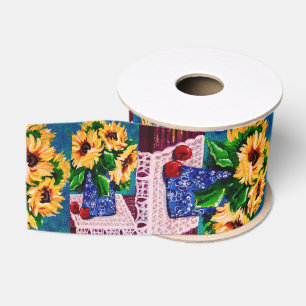 Ruban Gros-grain Fleurs de soleil et pommes