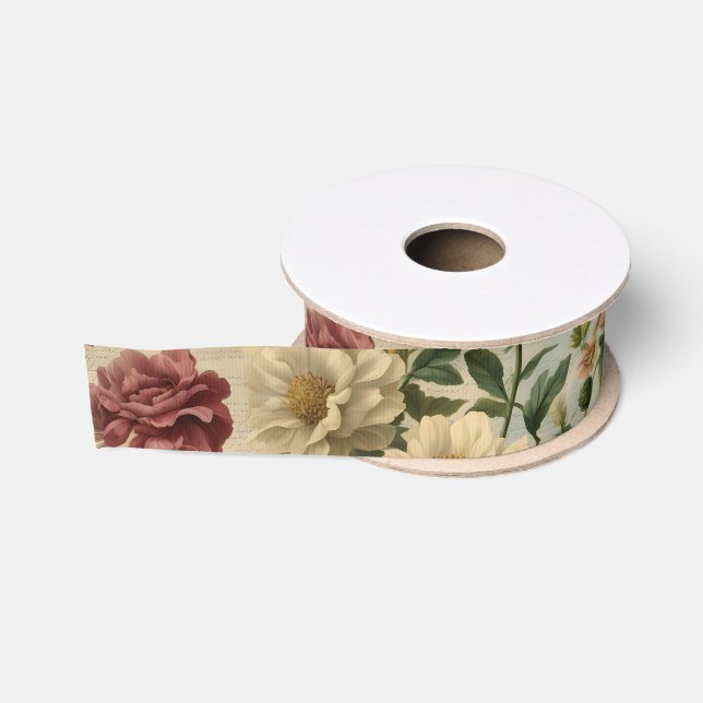 Ruban Gros-grain Fleurs Éclectiques Vieux papier d'écriture (Bobine)