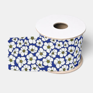 Ruban Gros-grain Fleurs sauvages blanches tropicales sur fond bleu